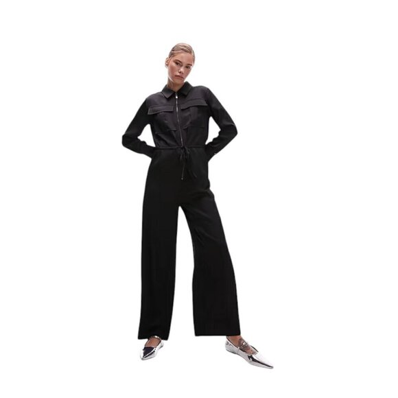 Topshop Cargo Wide-Leg Zip-Front Jumpsuit in Black, 8 - Picture 1 of 12